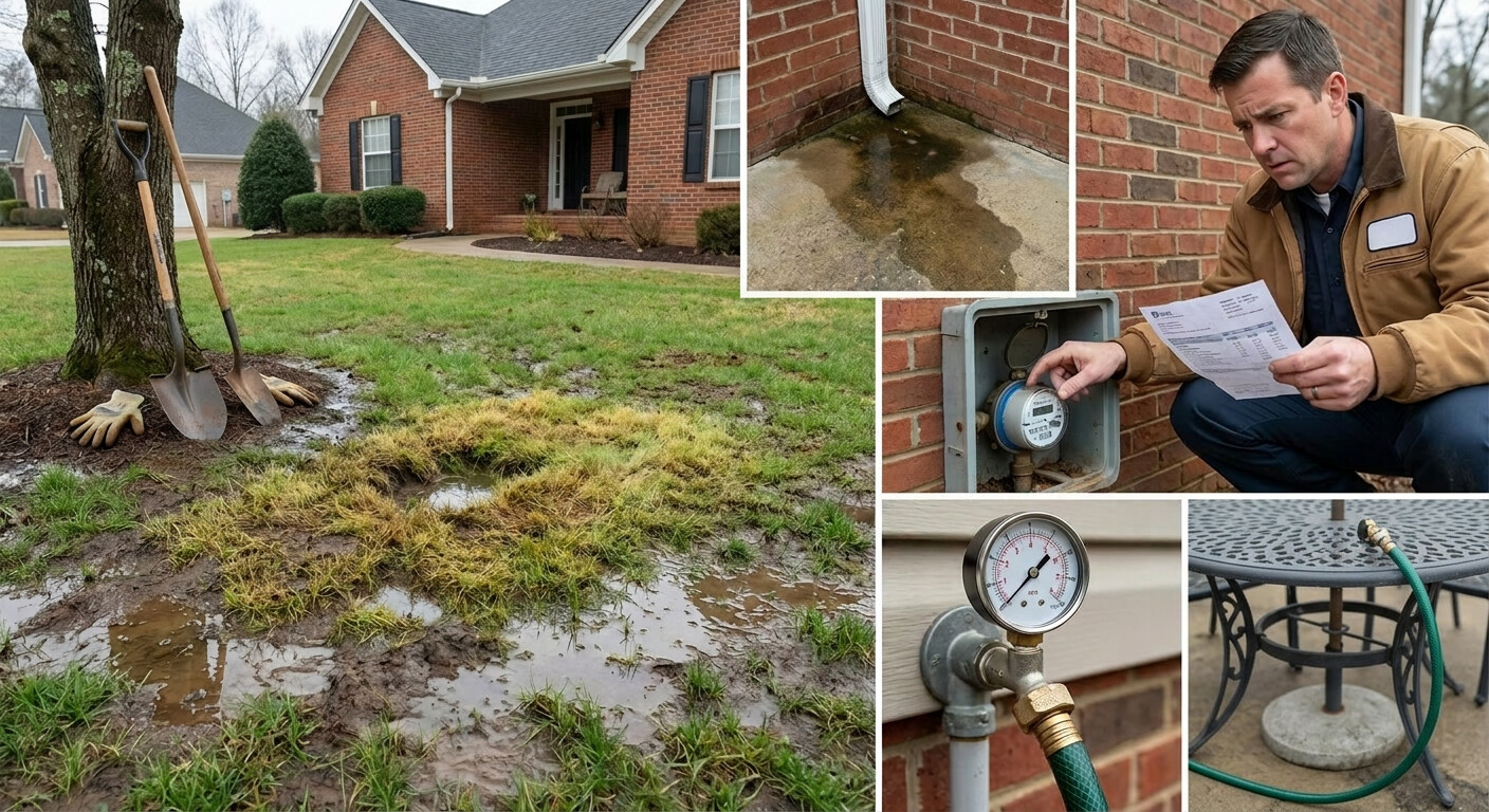 Underground water line failure warning signs such as wet spots, low pressure, and foundation cracks